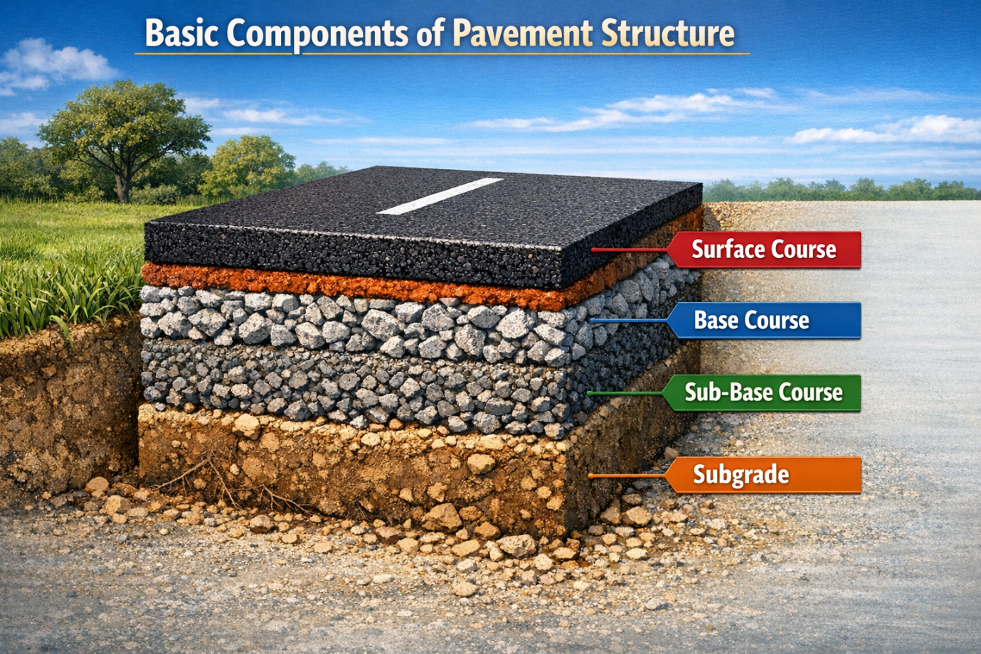 Diagram showing surface course, base course, sub-base course and subgrade pavement layers